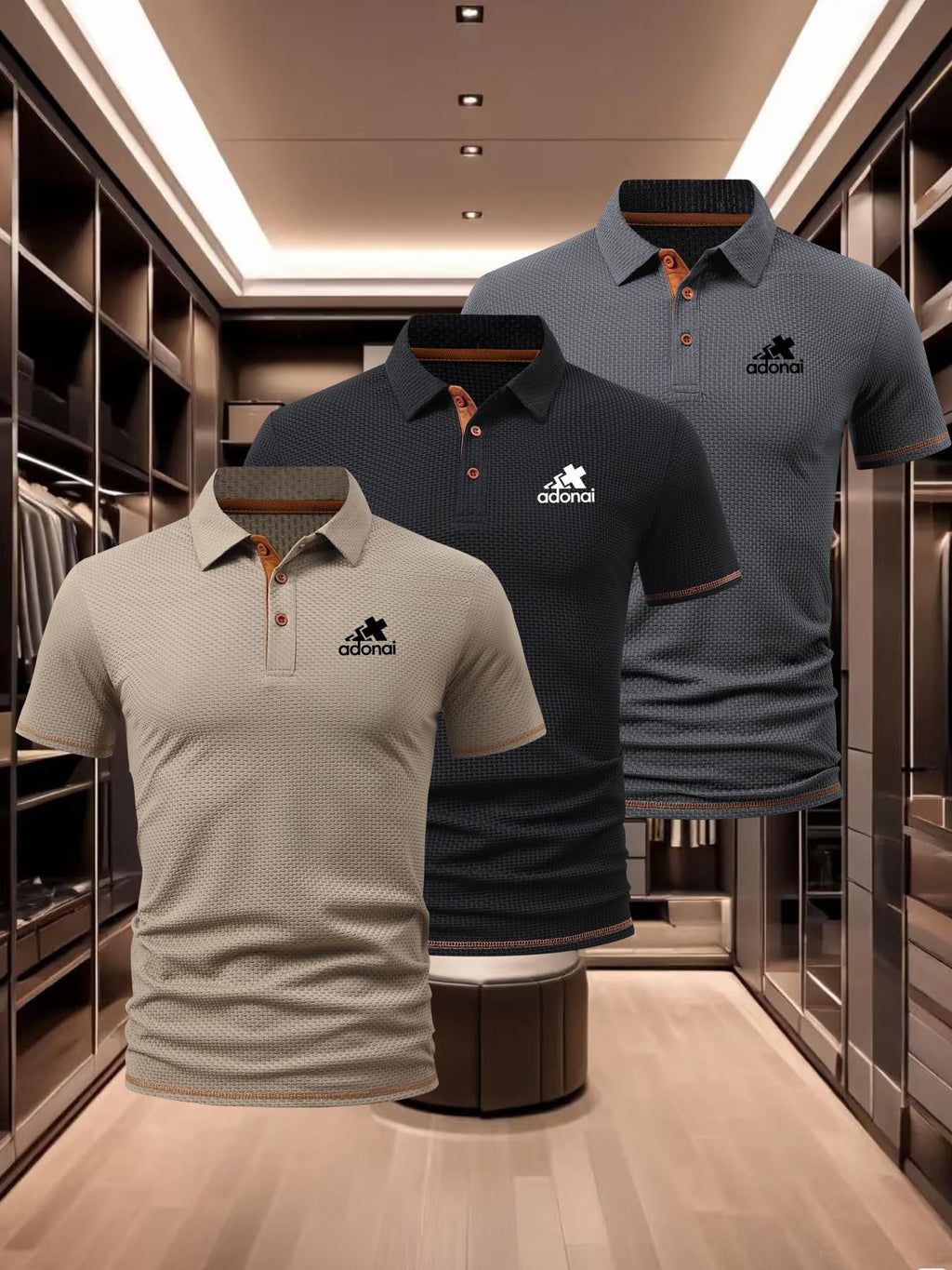 Middle-Aged Men'S Polo Collar Summer 3pcs Set Short-Sleeve Polo Shirts, Cross-Ado Pattern, Caramel Brown 3-Button Placket, Tricolor Waffle Fabric, Commuter Outdoor Breathable Men'S Clothing - Black