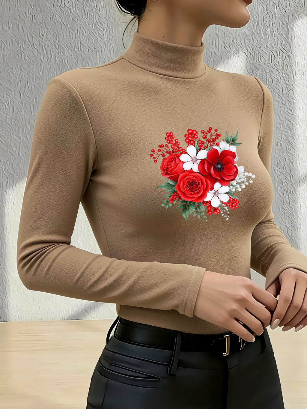 Women'S 2026 New Fashion Half-Neck Long Sleeve Body Suit, Casual Texture Fall Winter Style, Essential Base Layer for Fall Winter, Slim Sexy Comfortable Warm "Red Roses White Flowers Berries Green Leaves" - Khaki