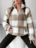 Women'S Brown White Checkered Plush Pullover Sweatshirt with Half-Zip Neck And Kangaroo Pockets, Long Sleeve Loose Warm Plush Top for Daily Commute, Shopping, And Casual Outdoor Wear - Khaki