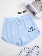 Women's Shorts with "OK" Letter Pattern, Fashionable Casual Shorts - Light Blue