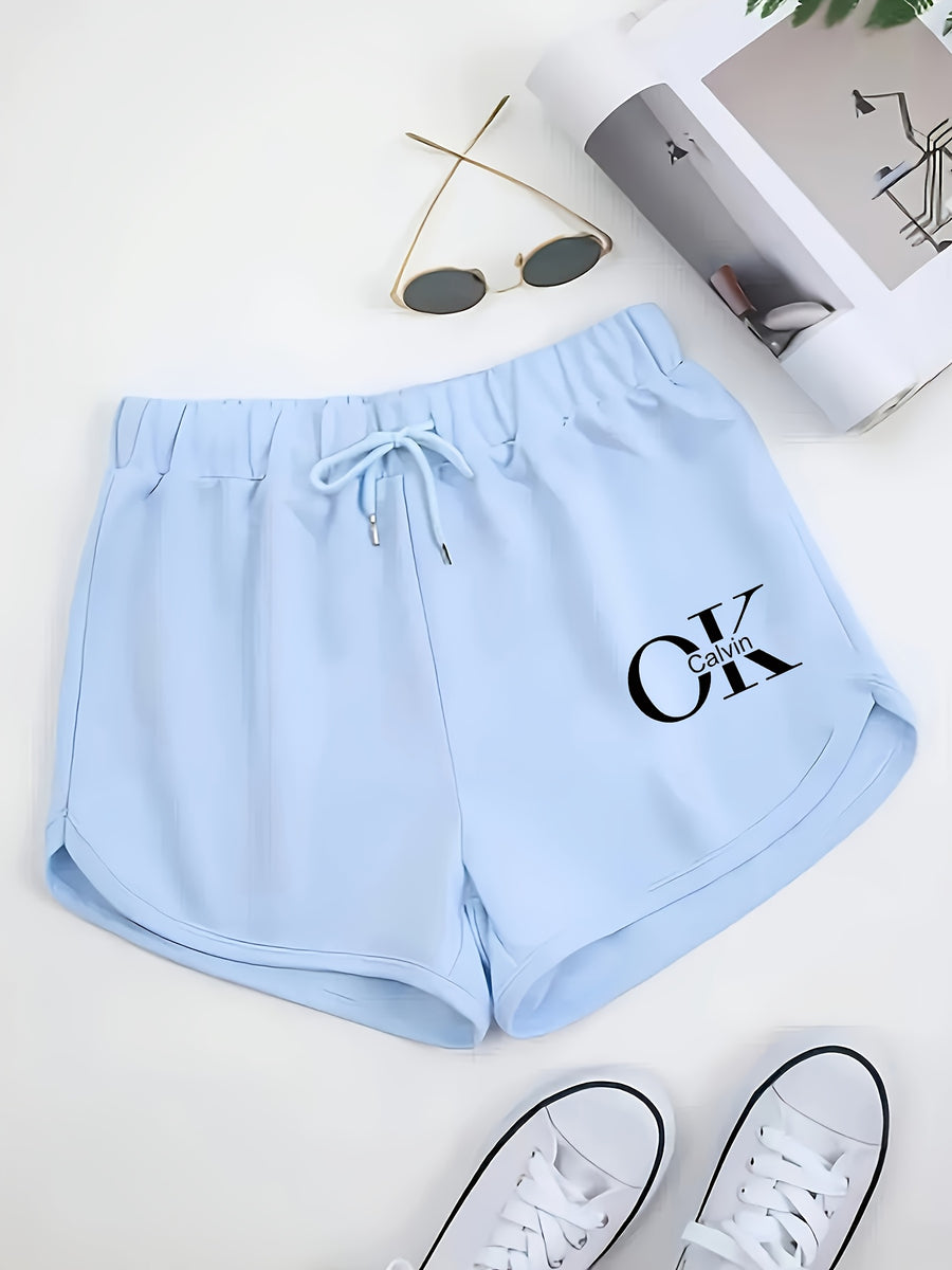 Women's Shorts with "OK" Letter Pattern, Fashionable Casual Shorts - Light Blue