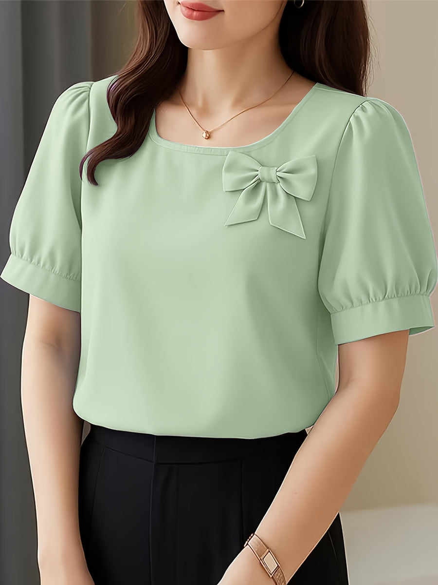 Elegant Casual Square Neck Short Sleeve Shirt with Bow and Puff Sleeves, Solid Color Top - Light Green
