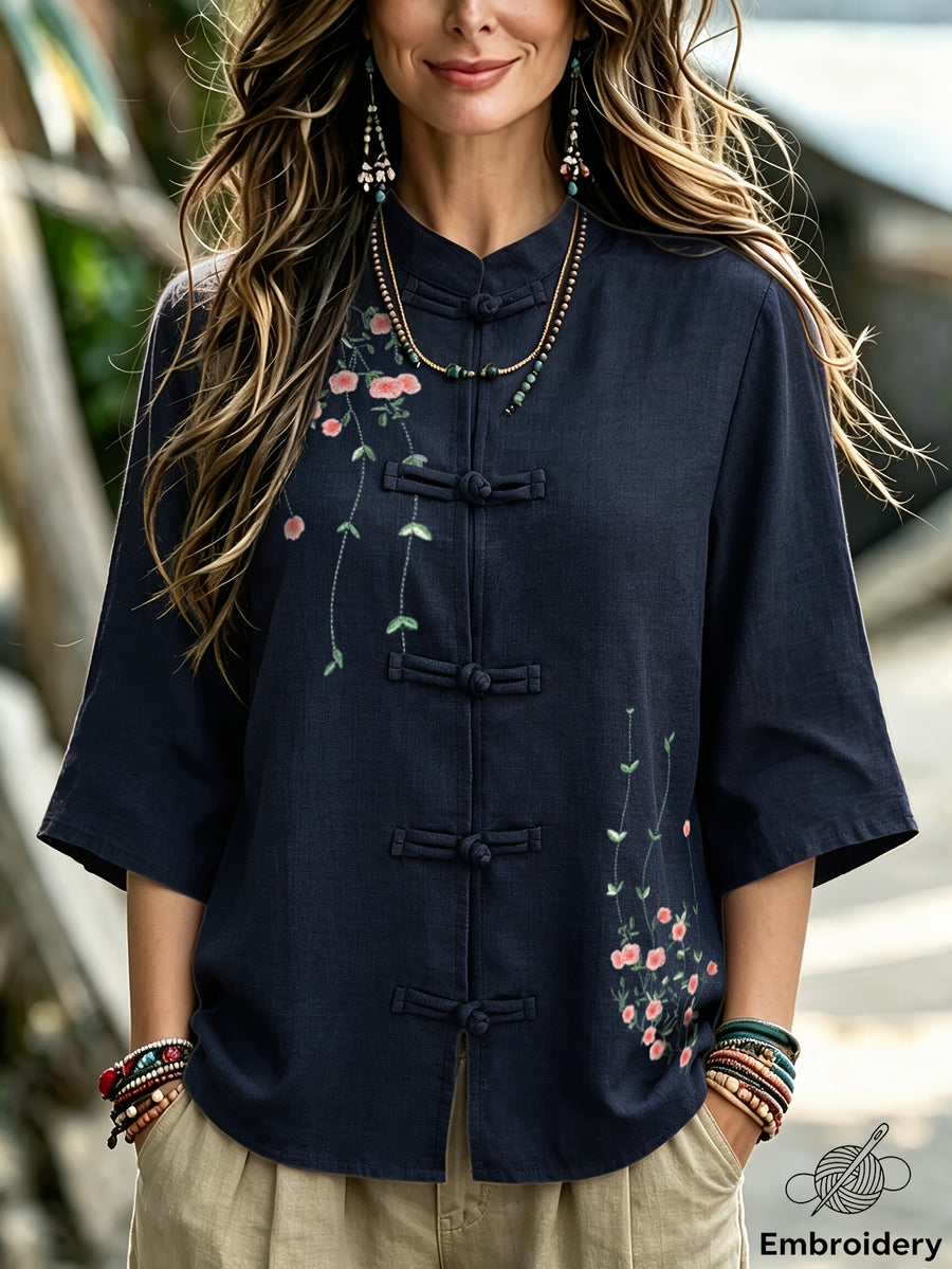 INS Chinese Style Shirt - Women'S Mid-Length Cheongsam Cardigan, Retro Button-Front And Embroidered Stand Collar, Suitable for Daily, Office, And Semi-Formal Wear, Machine Washable, All-Season Casual Top A281 - Royal Blue