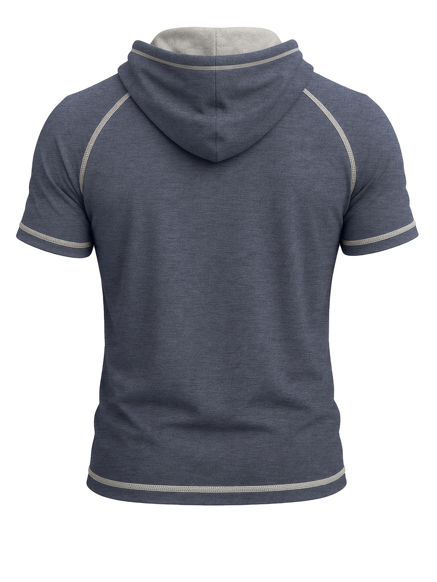 Summer Cross-Border Western Men'S Hooded Short-Sleeve T-Shirt, Color-Block Foreign Men'S Athletic Top - Deep Blue