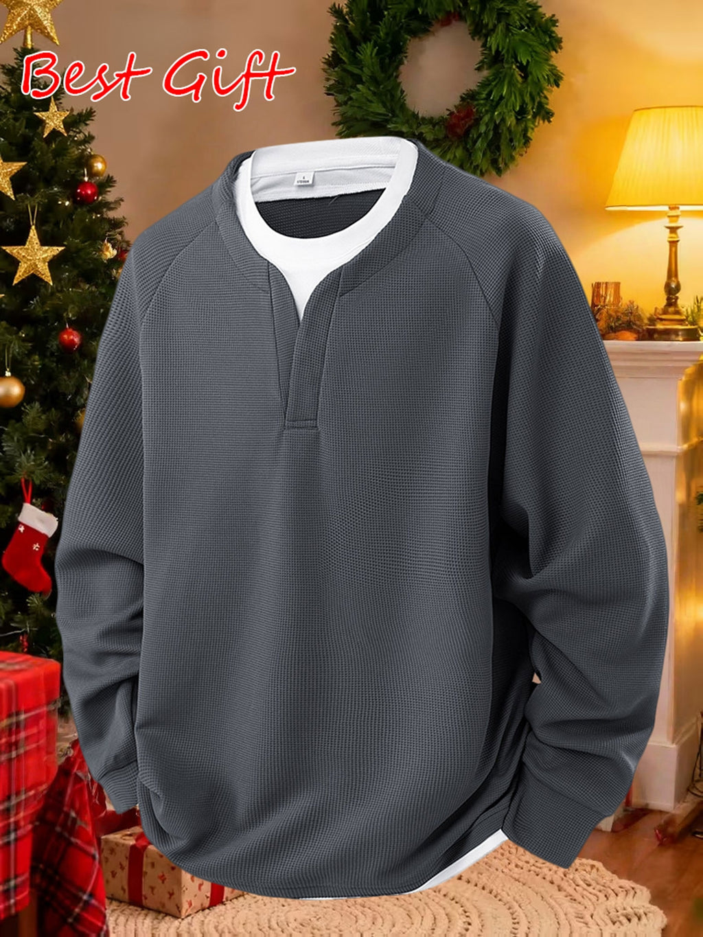 A Men's Fashion Sweatshirt Made of Waffle Knit Fabric, Featuring a Loose Fit. This Long-sleeve Top Is Suitable as a Base Layer for Spring and Autumn, Ideal for Casual Attire - Grey