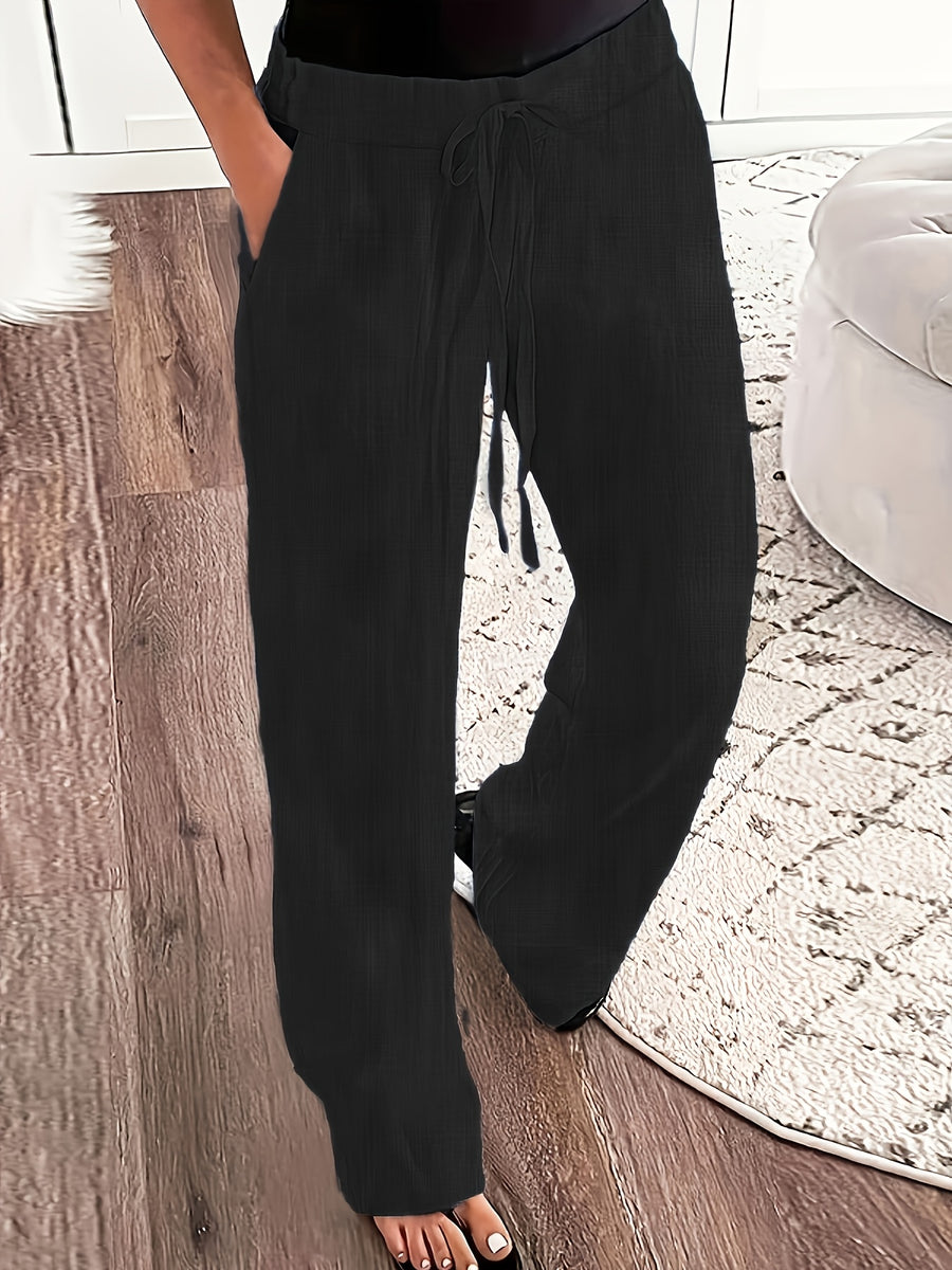 Stretch Elastic Waist Women's Pants with Insert Pockets, Simple and Versatile, 100% Polyester - Black