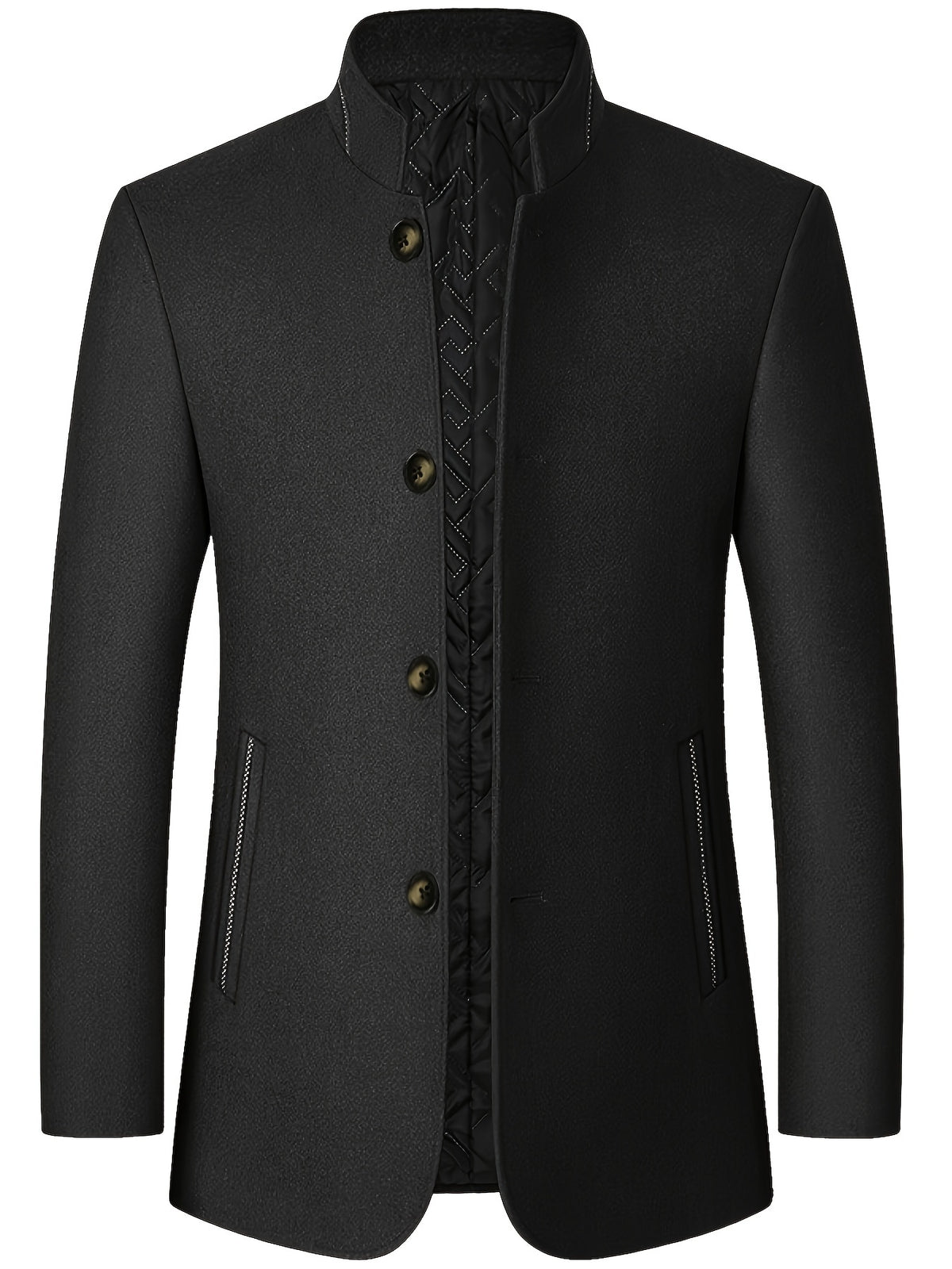 New Men's Tweed Jacket, Mao Suit Style Stand Collar Autumn/Winter Outerwear, Men's Tweed Sports Jacket - Black