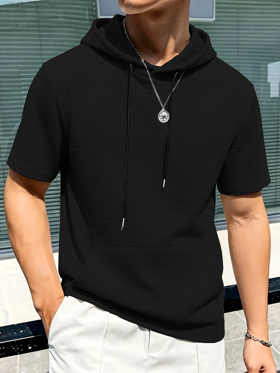 Men's Short-Sleeve Hoodie with Plaid Texture - Solid Color Hooded, Machine Washable Summer Casual Wear Suitable for Daily Outings, Gifts, Commemorative Present for Friends, Versatile Layering for Warmth (Regular Fit) - Midnight Black