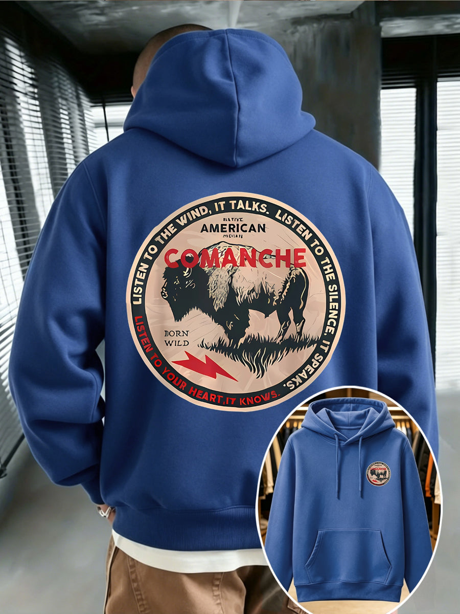 COMANCHE Local American Tribal Round Patchwork: Comanche Tribe Retro Round Badge, Western Niche, Retro Trendy Men'S Sports Hoodie - Regular Fit - Front Kangaroo Pocket, Machine Washable, High-Quality Fabric Suitable for Casual And Sports Wear - Blue
