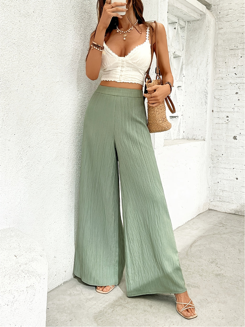 New Long Pants, Loose Comfortable Casual Fashion, Elastic Waistband, Meeting Different Needs, Wrinkled Fabric, Wide Leg Pants - Matcha Color