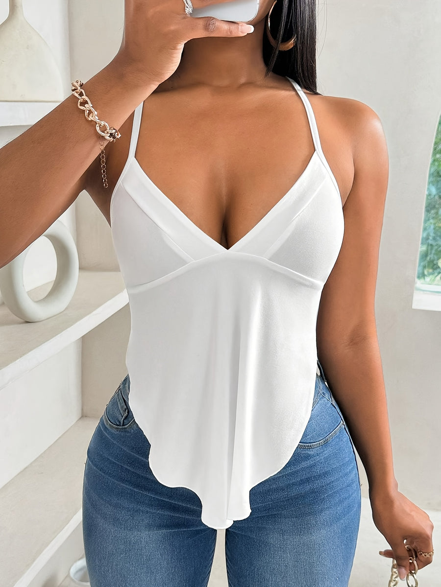 Lady's New Solid-color V-neck Loose-sleeved Backless Vest with Cross-buckle Back Straps and Back Straps for the Top Garment - White