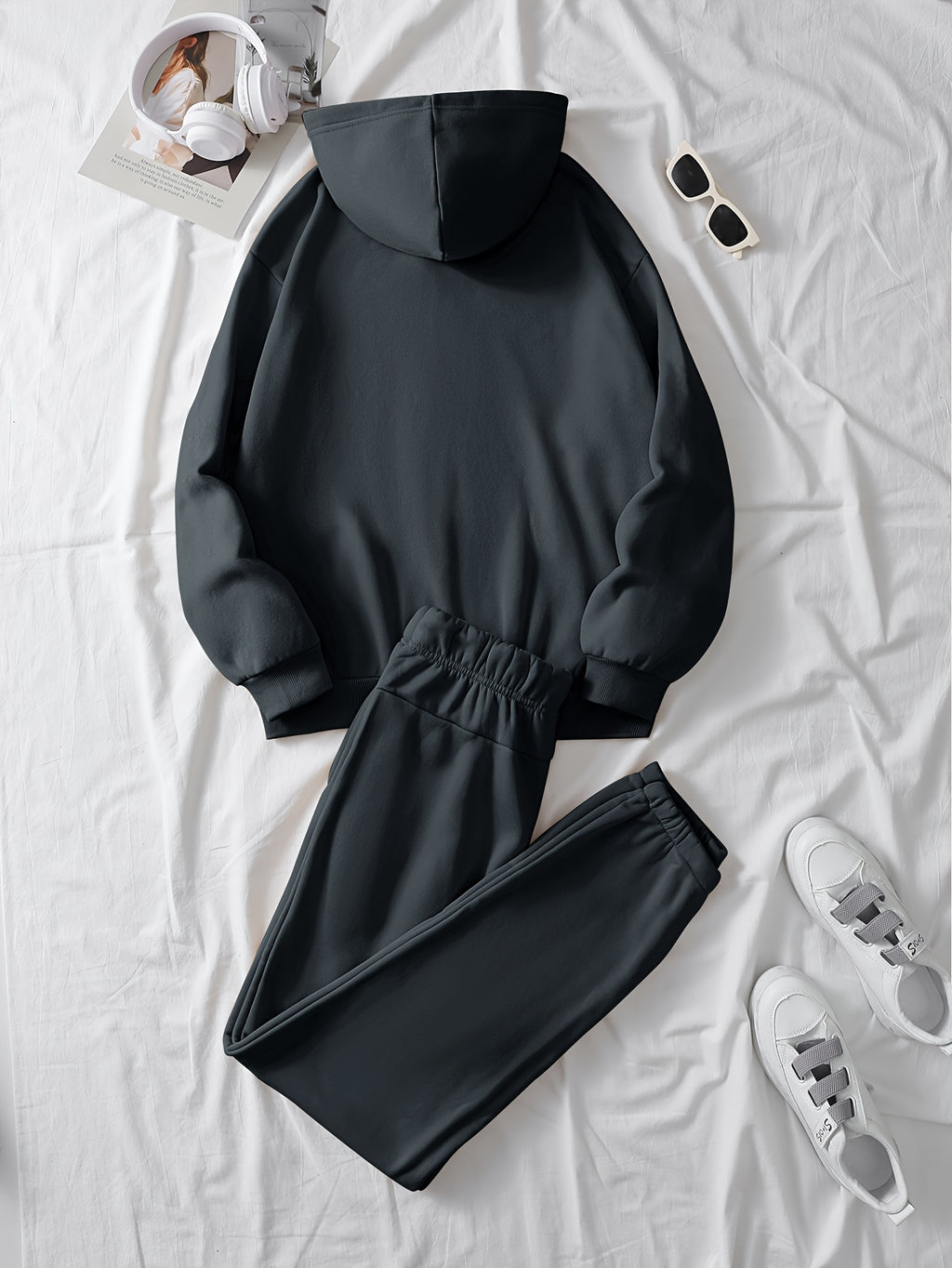 Ladies' Casual Hoodie Set, Spring and Summer S 2pcs Set, Hooded Pullover Sweatshirt, Women's Jacket, Korean Version, Fashionable Pants, Breathable Fabric, Comfortable Touch - Dark Gray