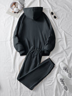 Ladies' Casual Hoodie Set, Spring and Summer S 2pcs Set, Hooded Pullover Sweatshirt, Women's Jacket, Korean Version, Fashionable Pants, Breathable Fabric, Comfortable Touch - Dark Gray