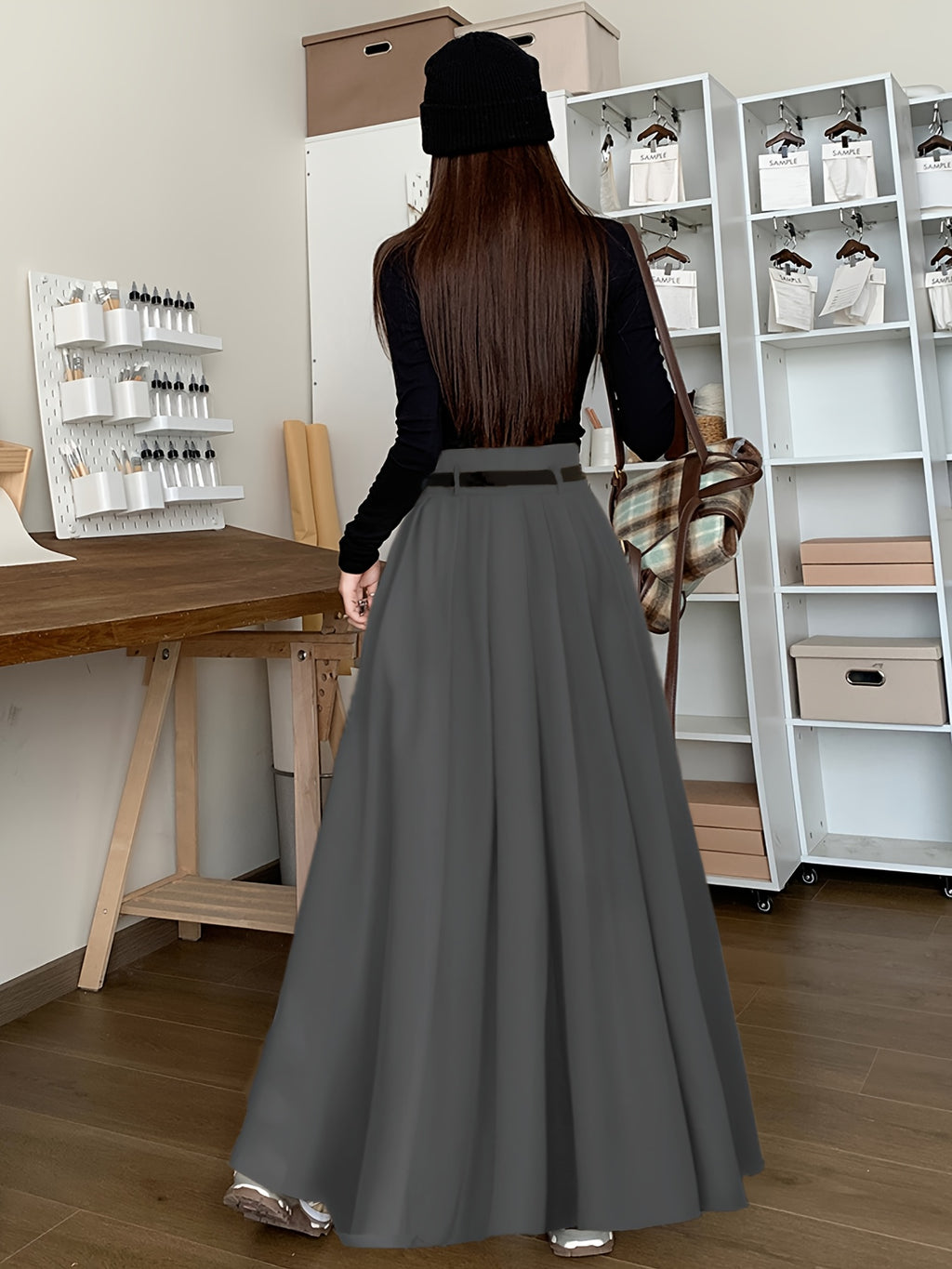 Fashionable, Elegant, and Graceful Pleated Midi/maxi Skirt for Workplace, Daily Wear, Commuting, and Office Use. Simple, Form-fitting Design Suitable for Spring and Autumn - Grey