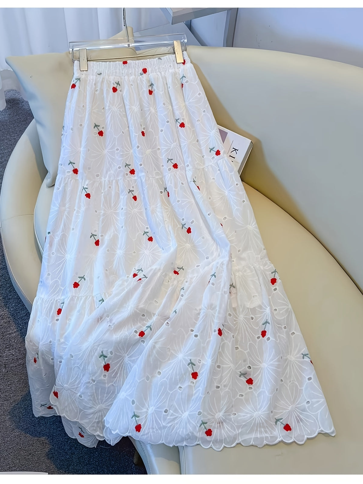 Gentle Floral Embroidered Midi Skirt for Women, New Spring And Summer 2026 Style, Suitable for Petite Figures, A-Line Fairy Dress with a Floral Pattern - White