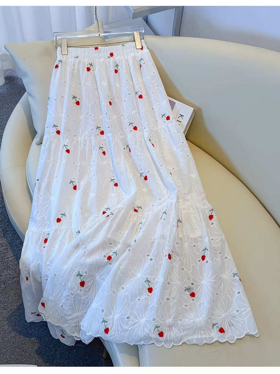 Gentle Floral Embroidered Midi Skirt for Women, New Spring And Summer 2026 Style, Suitable for Petite Figures, A-Line Fairy Dress with a Floral Pattern - White