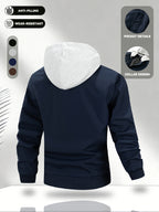 Men'S Hooded Jacket, Stretch Cuffs And Hem, American Retro Casual Commuter All-Match Style, Easy Design, Wear-Resistant Woven Fabric, Smooth Zipper Closure - 5661 - Dark Blue