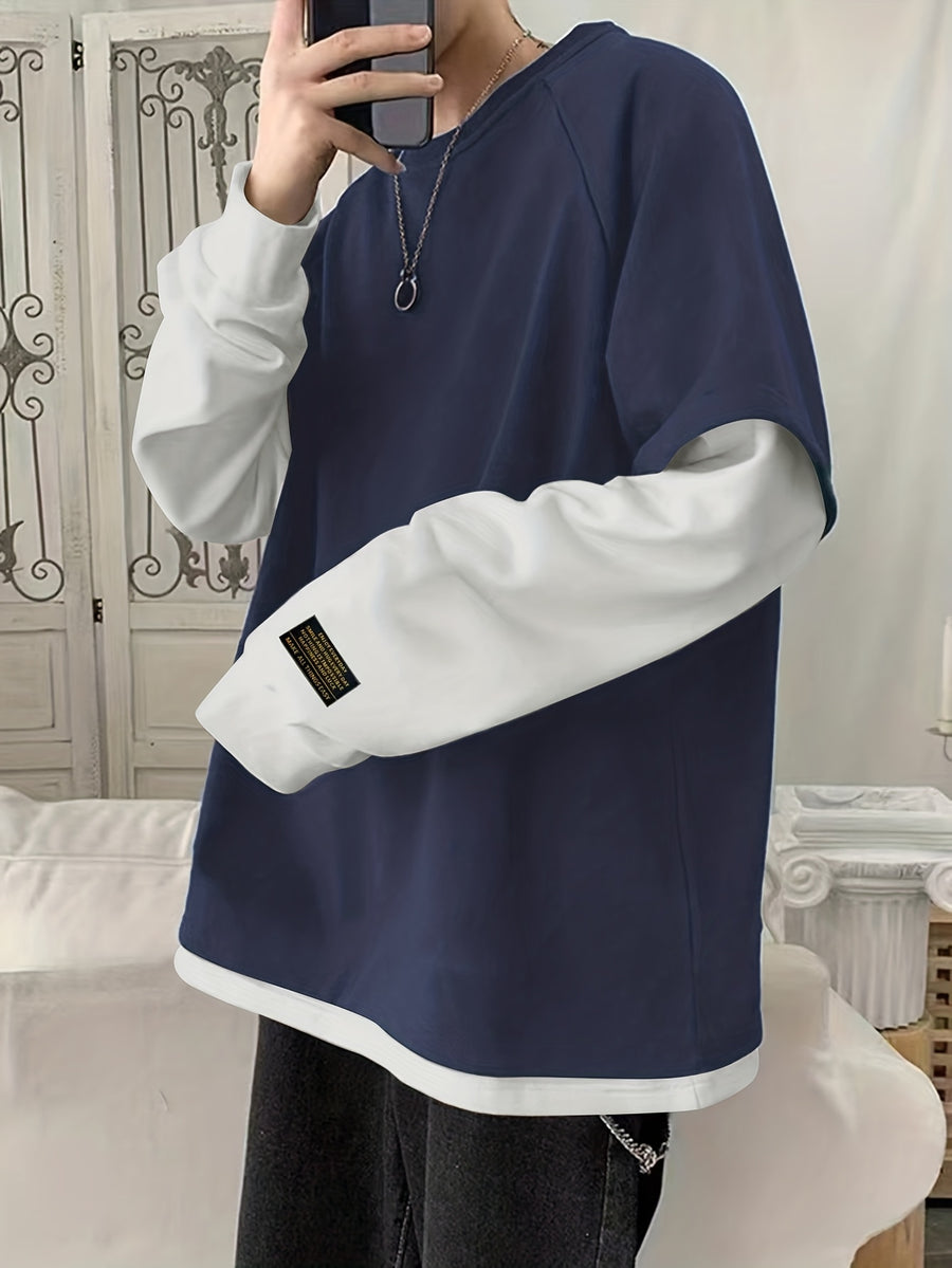 Spring/Autumn Round Neck 2-in-1 Look Long Sleeve Sweatshirt for Men, Loose Fit Versatile Casual Contrast Color Top - Blue And White