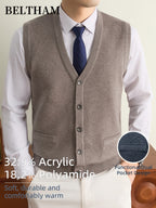New Autumn Winter Men'S Knit Vest, Ideal Gift for Dad And Husband, with Pockets Warm Cold Resistant Soft Cozy Sweater Waistcoat, Minimalist Elegant Versatile Sleeveless Top for Daily Business Casual Camping Wear - Camel