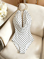 Spring/Autumn Simple Halter Neck Polka Dot Basic Bodysuit for Women, Stretchy Slim-Fit Flattering Base Layer, Versatile Tight-Fitting Top for Vacation and Dates - Polka Dots