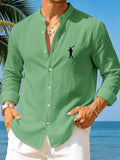 Men'S New Fashion Stand-Up Collar Long Sleeve Shirt, Lightweight Linen-Like Comfortable Fabric, Laborer Print Pattern, Suitable for Daily Commute Outdoor, Beach Vacation And Multi-Scene Wear Casual Shirt, Regular Fit Non-Picky Body Shape - Green