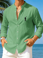 Men'S New Fashion Stand-Up Collar Long Sleeve Shirt, Lightweight Linen-Like Comfortable Fabric, Laborer Print Pattern, Suitable for Daily Commute Outdoor, Beach Vacation And Multi-Scene Wear Casual Shirt, Regular Fit Non-Picky Body Shape - Green