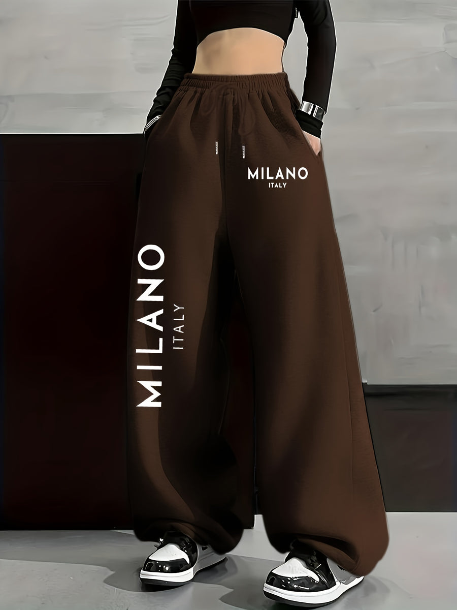 MILANO ITALY Left Large Right Small Print, Autumn Winter Fashion Casual Women's -Lined Long Pants, Solid Color Drawstring s Pants, Casual Loose Fit Sweatpants, Women's Fashion - Coffee Brown