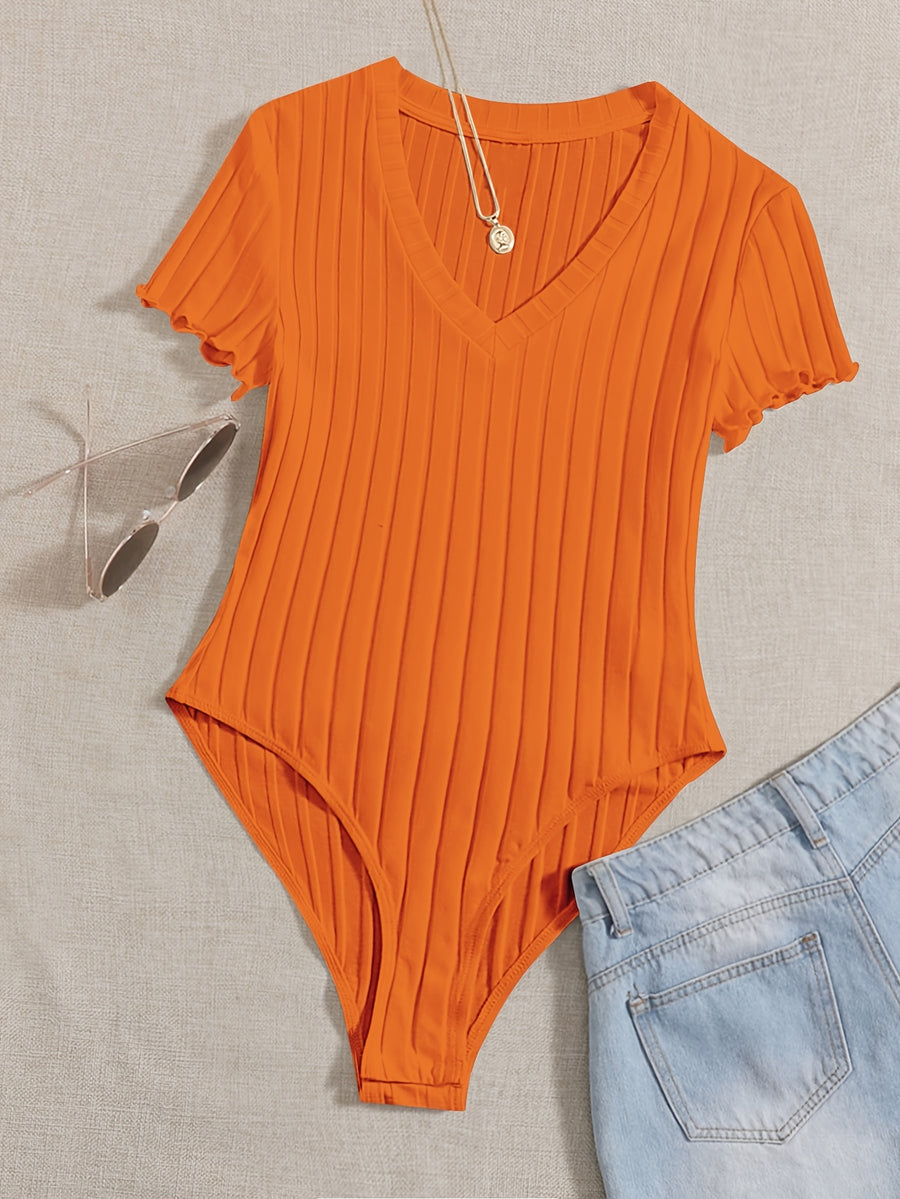 Lettuce Border Ribbed Bodycon Dress - Orange-Red