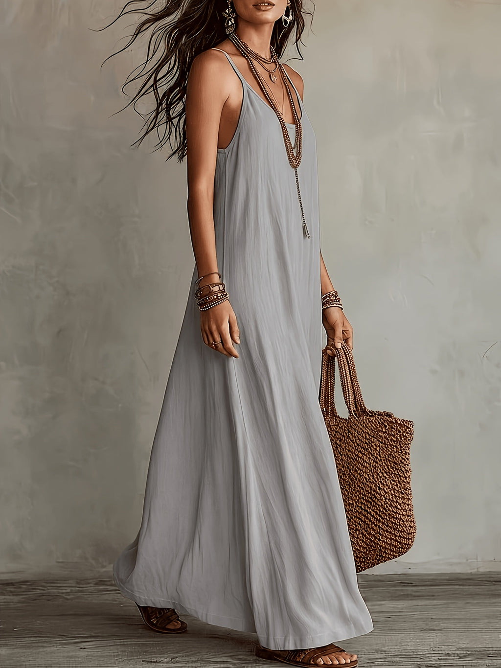 Women'S Spaghetti Strap Maxi Dress, V-Neck Loose Flowing Long Dress, Bohemian Casual Beach Vacation Summer Beach Dress - Light Grey