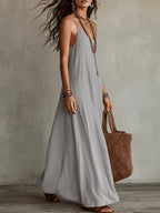 Women'S Spaghetti Strap Maxi Dress, V-Neck Loose Flowing Long Dress, Bohemian Casual Beach Vacation Summer Beach Dress - Light Grey
