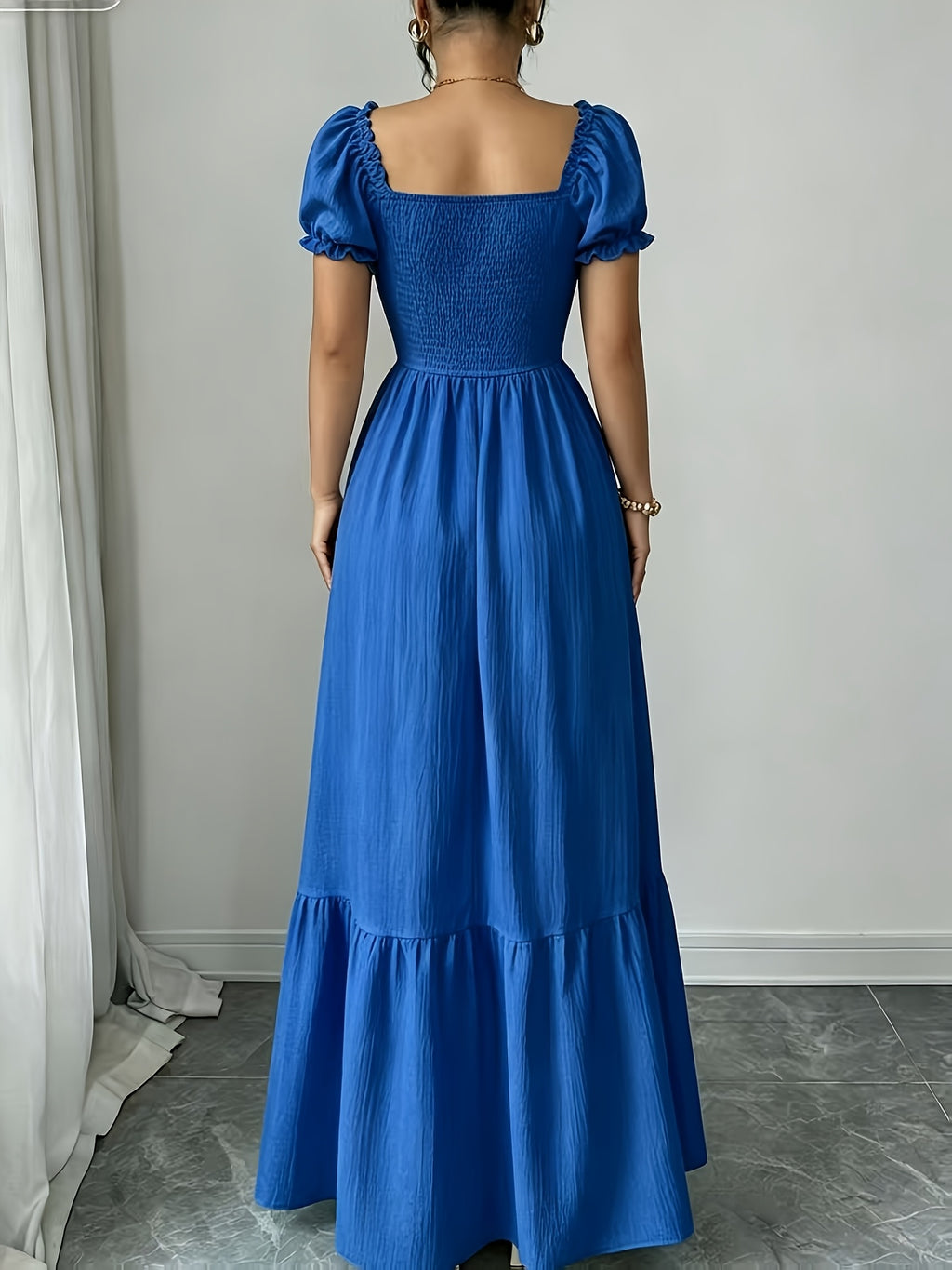 Elegant Dress Women'S Skirt Square Neck Puff Sleeve Tie-Up A-Line Long Dress Suitable for Outdoor Spring Summer Party Wedding Travel Zzy Spring Summer - Blue