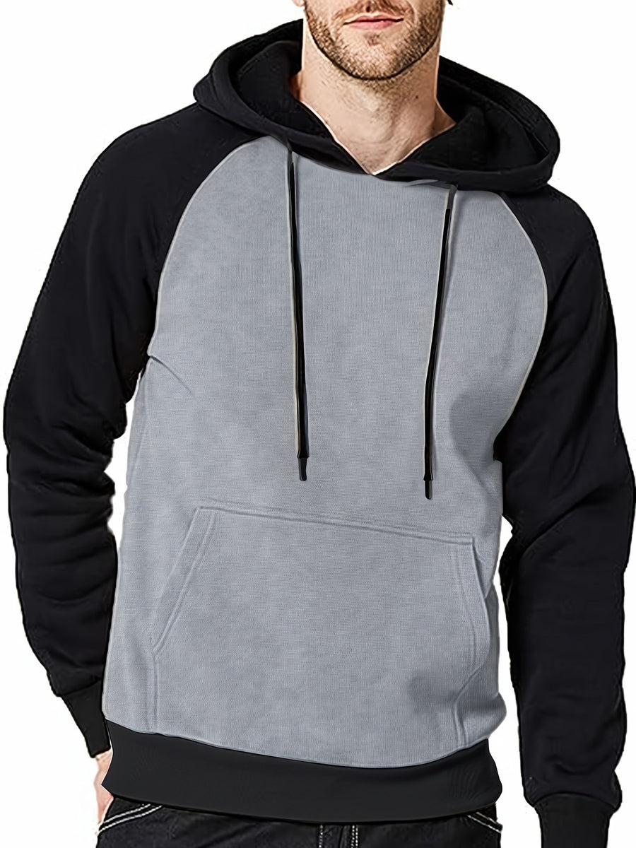 Men's Hooded Sweatshirt, Patchwork Sweatshirt, Casual and Versatile Two-Tone Fashion, Patchwork Two-Tone Hooded Sweatshirt, Raglan Sleeve Fashion Sweatshirt - Light Grey