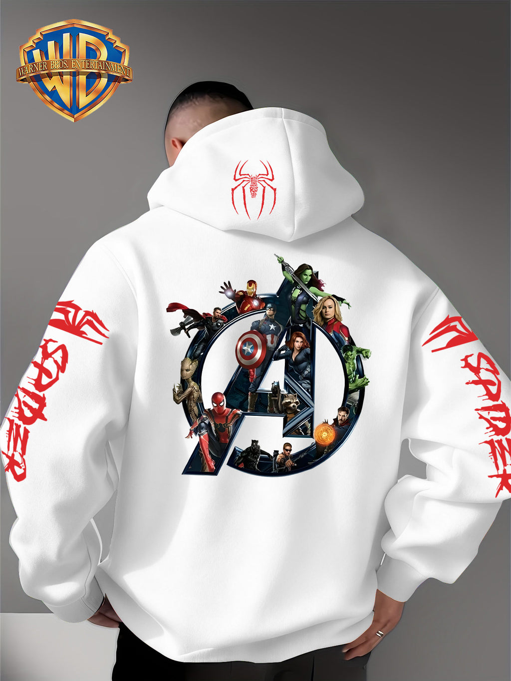 Men'S Trendy Fall Hoodie, American Superhero Collection Print Hooded Sweatshirt, Unisex Loose Street Style Casual Top. Casual Daily Style with Drawstring Design, Long Sleeve Knit Sweater, Machine Washable, Perfect for Casual, Athletic - White