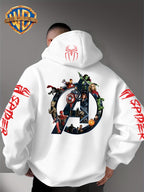 Men'S Trendy Fall Hoodie, American Superhero Collection Print Hooded Sweatshirt, Unisex Loose Street Style Casual Top. Casual Daily Style with Drawstring Design, Long Sleeve Knit Sweater, Machine Washable, Perfect for Casual, Athletic - White