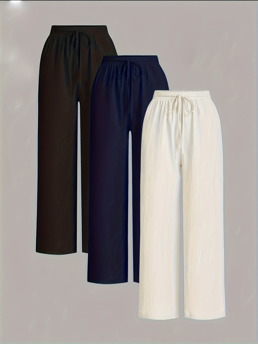 3pcs Elegant Wide-Leg Pants - Solid Color Lightweight Summer Trousers with Wide Leg Opening & Drawstring Waist, Machine Washable Non-Stretch for Casual, Office, Semi-Formal Wear (3pcs) - Black+navy+white