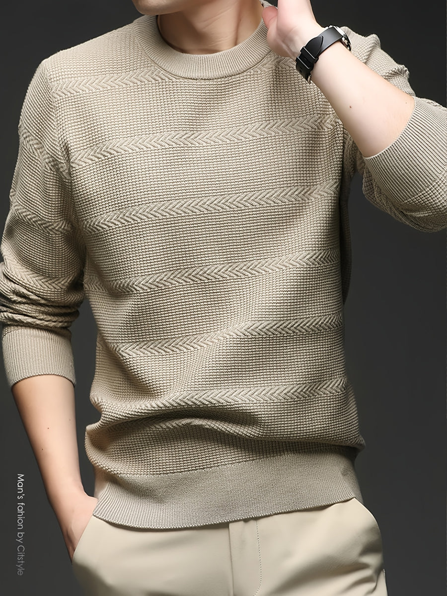 Men'S Round Neck Arrow Jacquard Knit Sweater, Non-Tight Fit, Suitable for Daily Commute And Casual Wear. Layering with Shirt Or Single Wear - SINBOS - Apricot