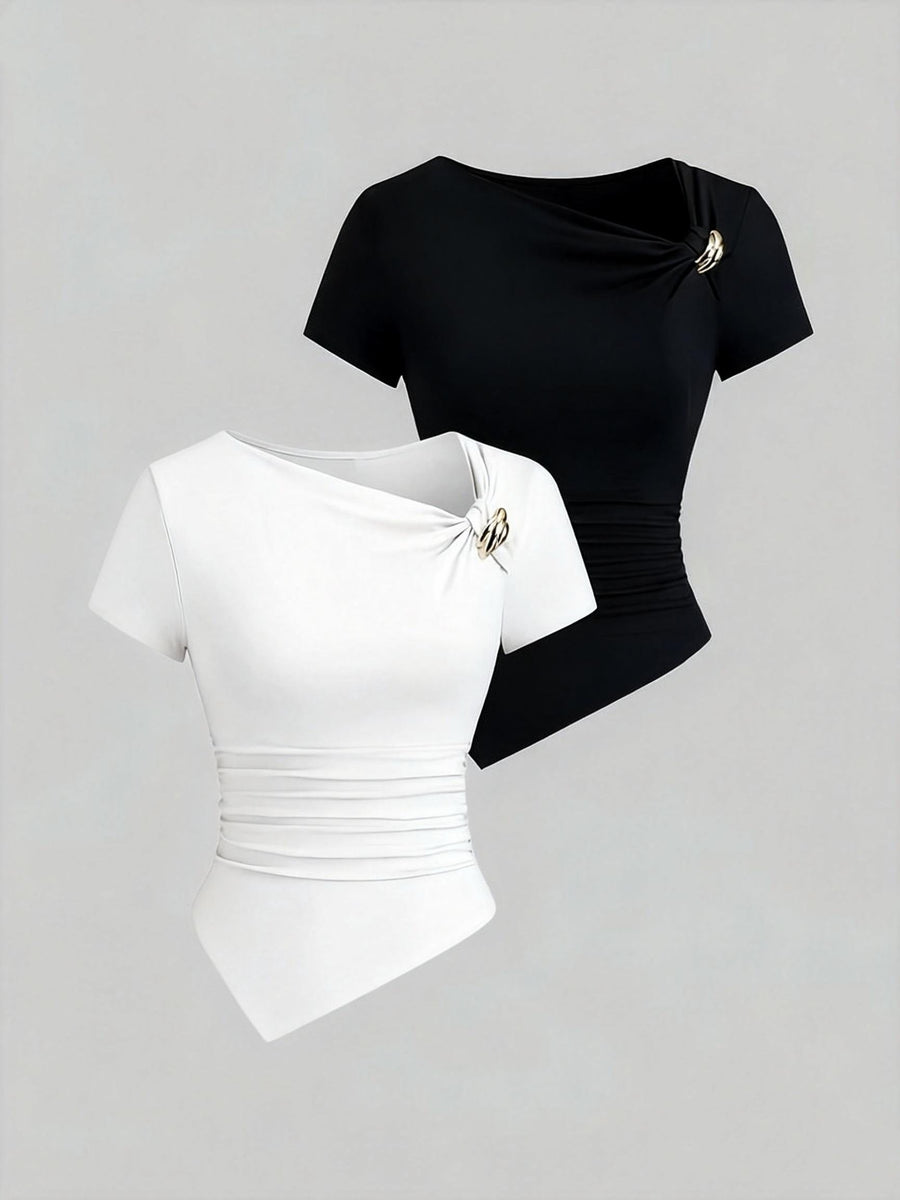 Spring And Summer Women'S Casual Two-Piece Set Featuring a Easy And Stylish T-Shirt - White + Black