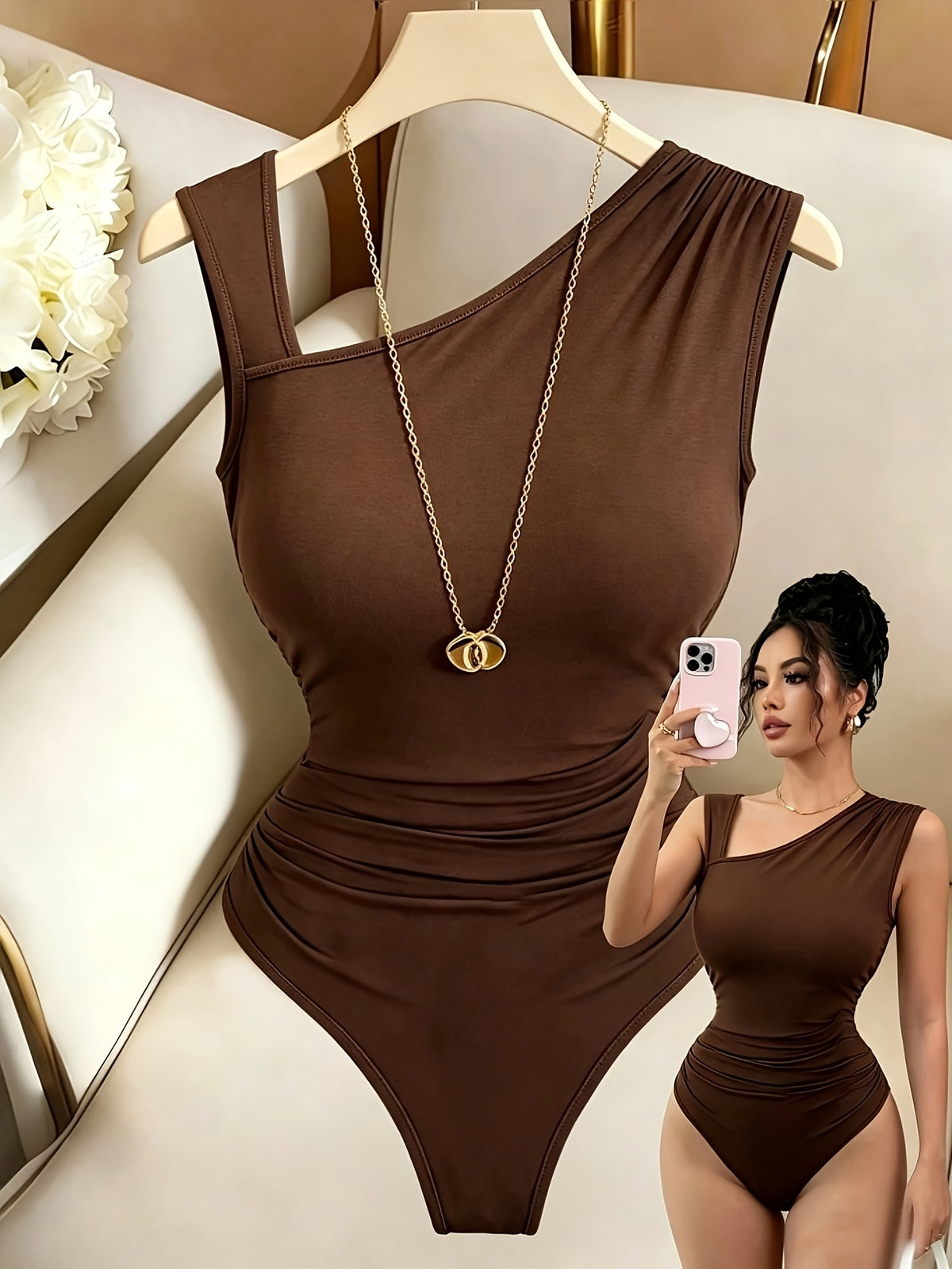 New Women'S Elastic Fabric Off-Shoulder Sleeveless Bodycon Jumpsuit, Suitable for Autumn/Winter Wear, Casual And Elegant with Diverse Styles [Niannian] - Coffee Color