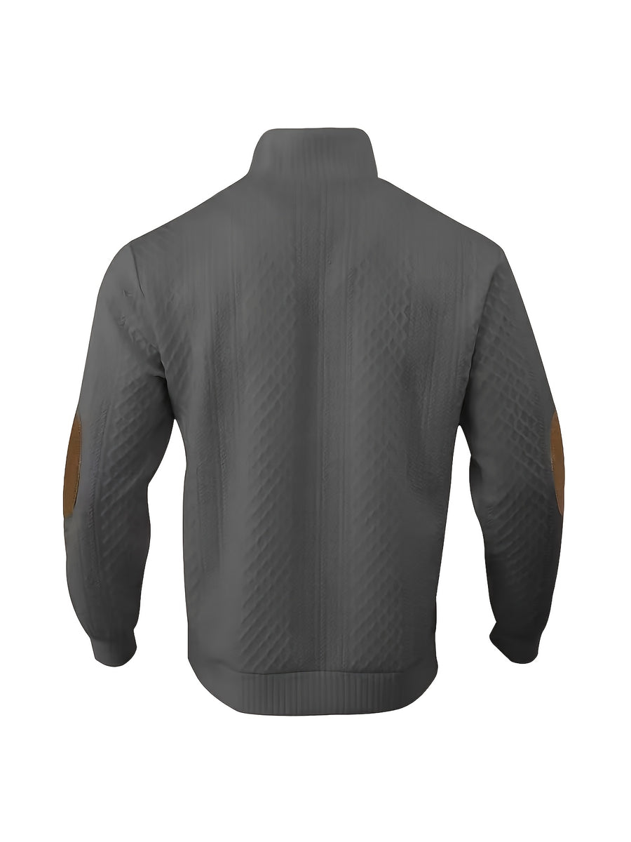 Men'S Casual Sports Sweater, Knit Sweater, American Casual Textured Diamond Knit Top, Men'S Stand Collar Contrast Color Button-Up Loose All-Match Retro Velvet Sweater Jacket, Autumn Winter Casual Sweater, Multi-Color Available - Grey