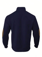 Men's New Jacquard Top with Textured Classic Stand Collar to Enhance Neckline, Half-Button Placket Continuing Vintage Henley Style, Patchwork Design Fashion Knit Shirt - Navy Color
