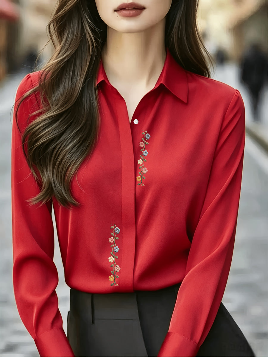 Small Floral Print, Exquisite and Elegant Versatile Top for Daily Office Wear, French-style Gentle and Soft Long-sleeve Women's Blouse for Commuting - Burgundy
