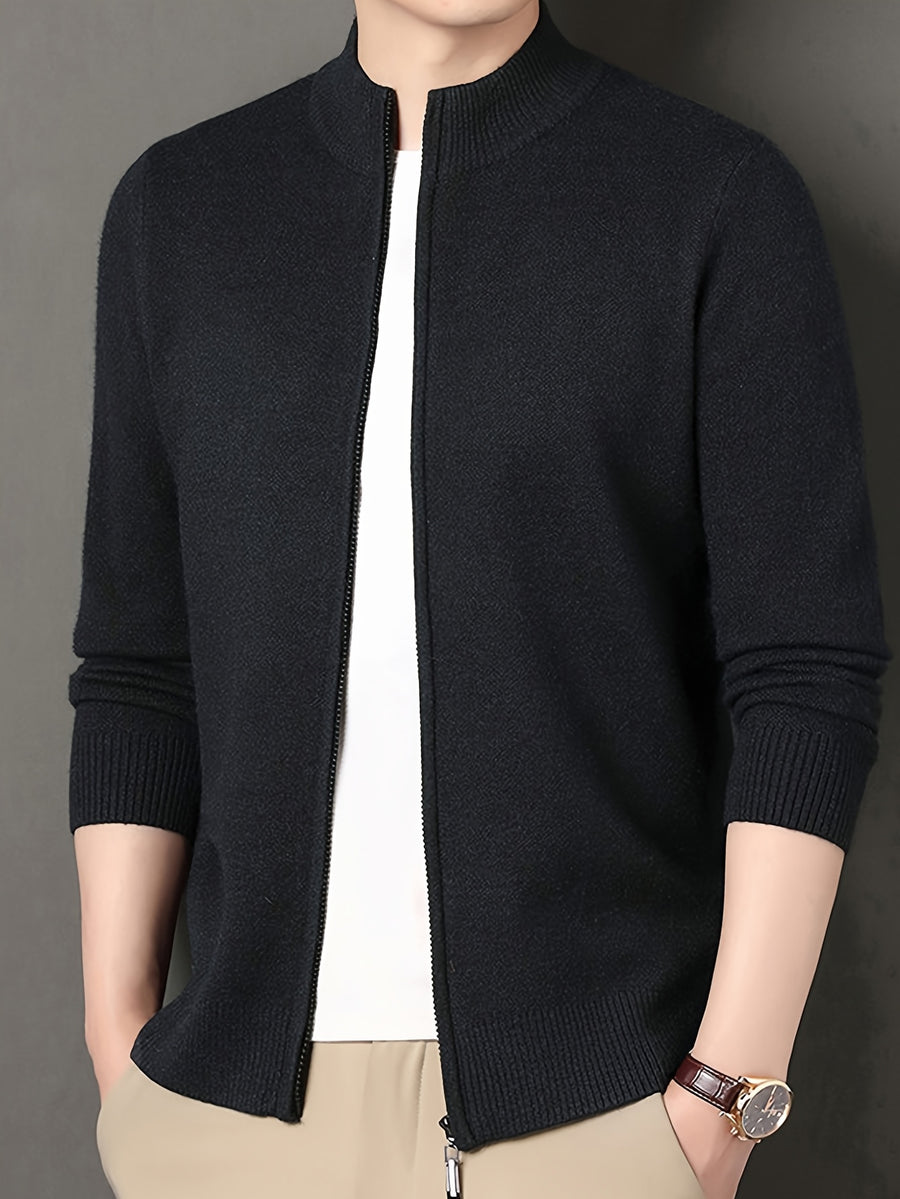 Men's Stand Collar Zipper Solid Color Knit Cardigan, Business Casual Style, Simple Solid Color, Slim Fit Not Tight, Versatile and Practical - Dark Gray