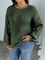 Elegant Long Sleeve Autumn/Winter Sweater with Butterfly Pattern | Crew Neck, Solid Color - Olive Green