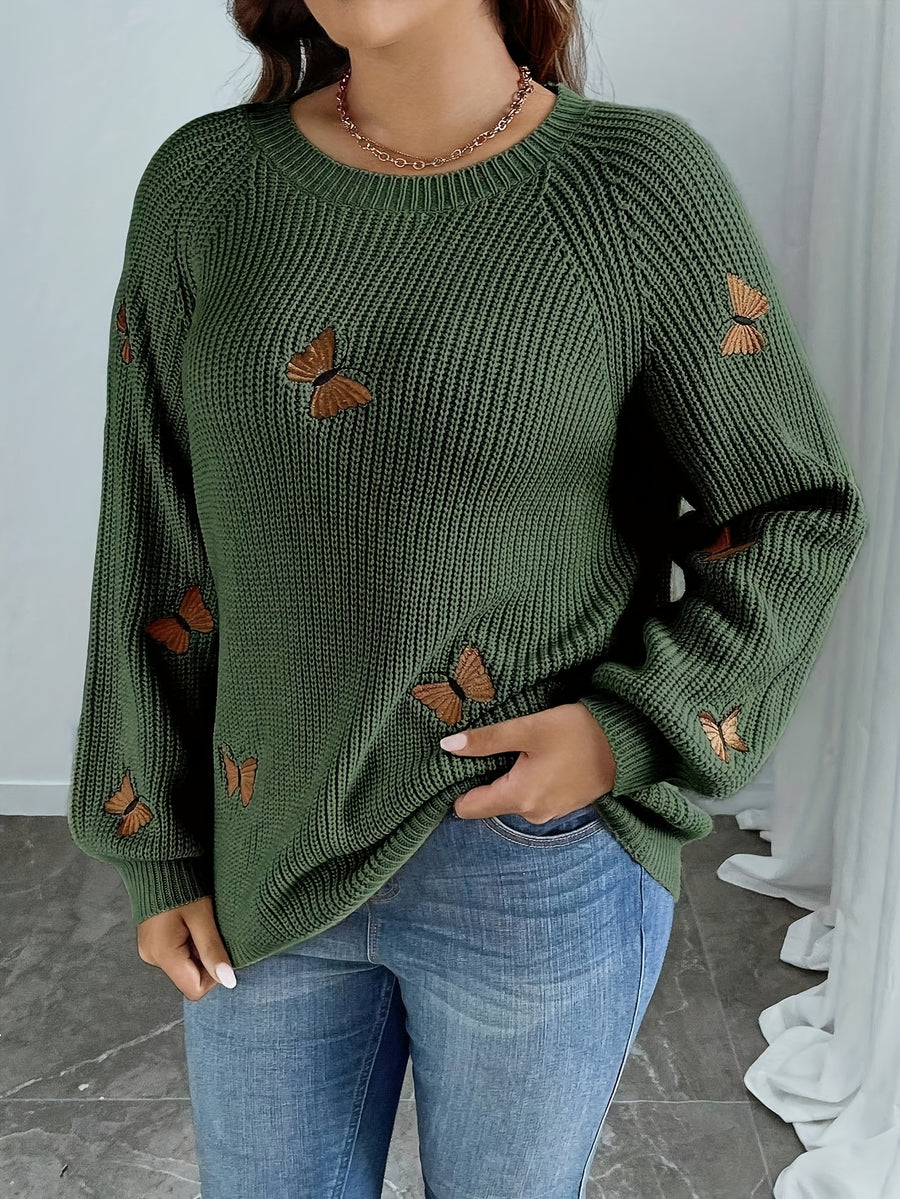 Elegant Long Sleeve Autumn/Winter Sweater with Butterfly Pattern | Crew Neck, Solid Color - Olive Green