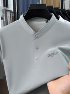 Maqiqi OBM Men's Chinese Style Henley Shirt - Breathable Short-Sleeve -Front Collar Polo, Half-Open Placket Stand Collar Tunic for Business Casual Wear, Layering Base Layer Top Suitable for Office, Golf, Running Gift - Grey