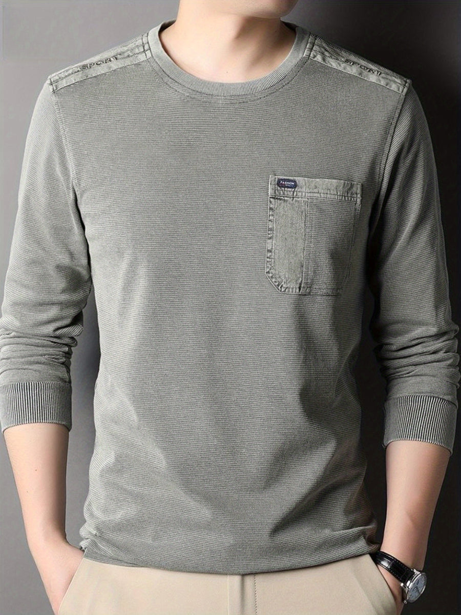 Men'S Distressed Waffle Long Sleeve Round Neck Top, Shoulder Patchwork And Pocket Design, Retro Casual Style - Light Green