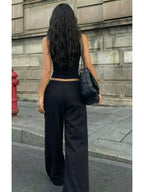 Women'S Summer Black 2pcs Set, Sleeveless Short Vest And High-Waist Loose Wide-Leg Pants, Casual Athletic Striped Print Outfit - Black