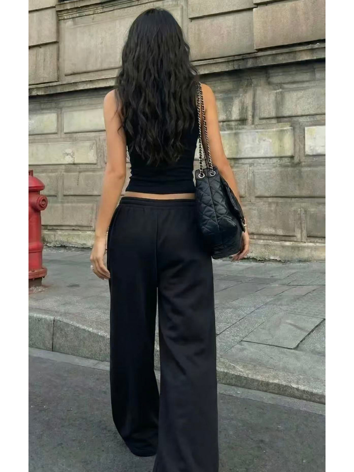 Women'S Summer Black 2pcs Set, Sleeveless Short Vest And High-Waist Loose Wide-Leg Pants, Casual Athletic Striped Print Outfit - Black