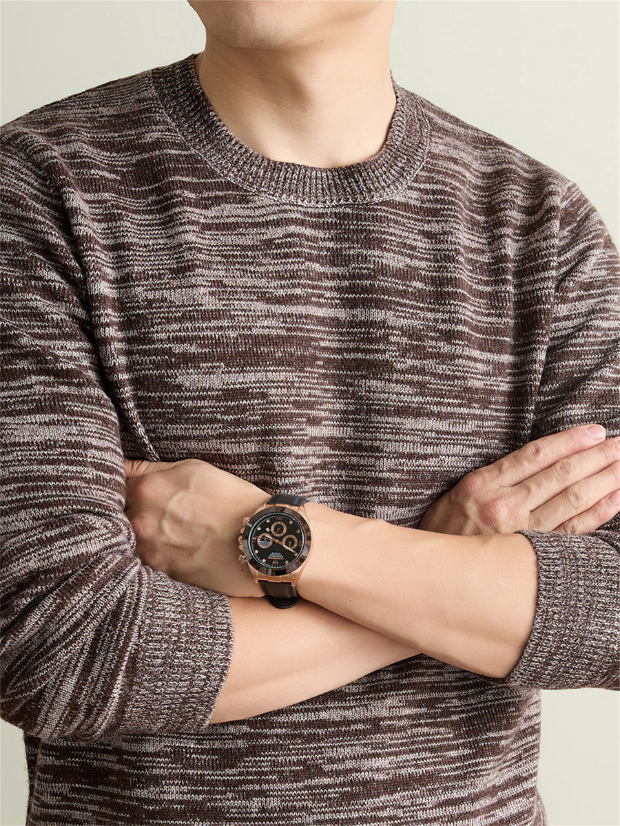 Autumn Winter Knit 3D Solid Round Neck Sweater, Basic Knit Pullover Top for Men, Fashionable Long Sleeve Sweater, Size Y - Coffee Color