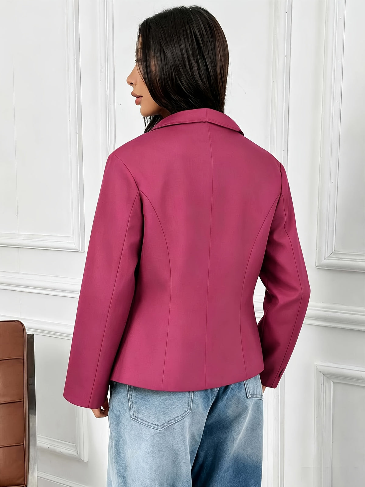 Autumn Winter New European Style Premium Asymmetrical Lapel Diagonal Zipper Short Jacket Solid Color Long Sleeve Top - Rose Red